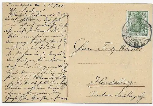 11. Deutsches Turnfest 1908 in Frankfurt/M, carte postale vers Heidelberg