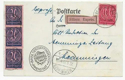 Carte postale en tant que messager, Bayr. Inspection zootechnique Immenstadt, 22.5.1923