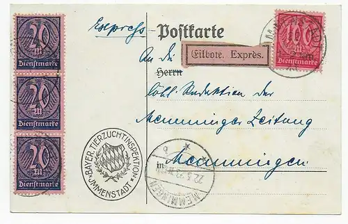 Postkarte als Eilbote, Bayr. Tierzuchtinspektion Immenstadt, 22.5.1923