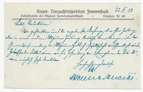Carte postale en tant que messager, Bayr. Inspection zootechnique Immenstadt, 22.5.1923