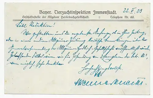 Postkarte als Eilbote, Bayr. Tierzuchtinspektion Immenstadt, 22.5.1923