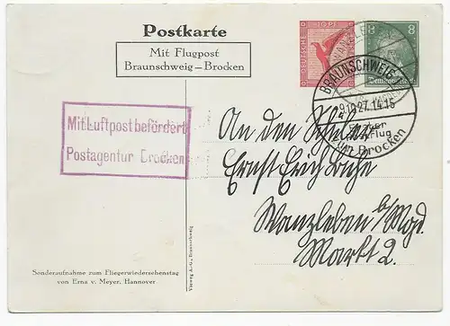 Postkarte Luftpost Postagentur Brocken: Braunschweig-Brocken, Wanzleben, 1927