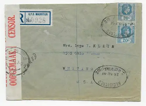 Registered Mauritius to Whiting, 1941 with Censorship