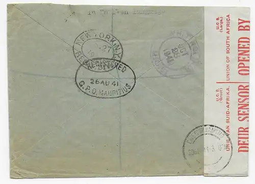 Registered Mauritius to Whiting, 1941 with Censorship