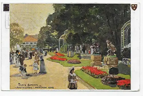 Künstlerkarte Clavs Bergen, München 1908 mit Werbestempel der Ausstellung