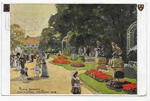 Künstlerkarte Clavs Bergen, München 1908 mit Werbestempel der Ausstellung