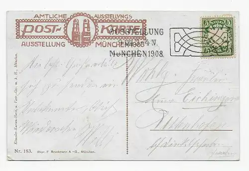 Carte des artistes Clavs Bergen, Munich 1908 avec le timbre publicitaire de l'exposition