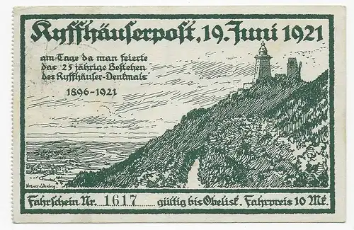 Carte postale Kyffhausenpost 19.6.1921 y compris billet n° et cachet spécial
