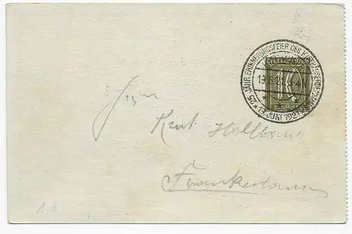 Carte postale Kyffhausenpost 19.6.1921 y compris billet n° et cachet spécial