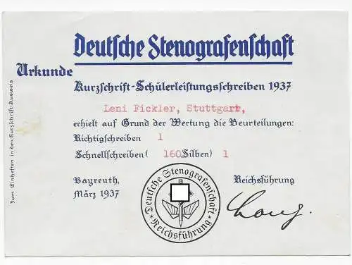 Urkunde im Postkartenformat der Stenografenschaft Stuttgart, 1937