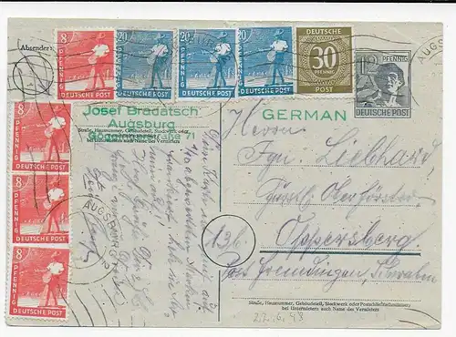 Ganzsache mit viel Beifrankatur von Augsburg nach Oppersberg 1948