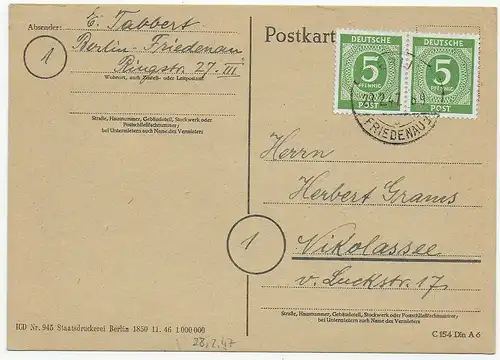 Ortskarte Berlin Friedenau nach Nikolassee 1947