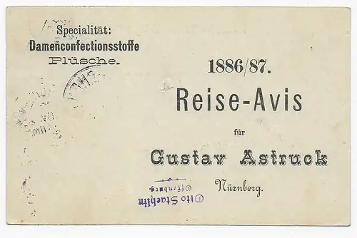Carte postale avec publicité pour femmes de Munich à Nuremberg, 1886