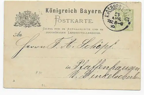 Postkarte mit Werbung Kurzwaren von Augsburg nach Pfaffenhausen, 1910