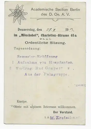 Carte postale Deutsche-Autricheische Alpenverein, 1903, Berlin Carte locale