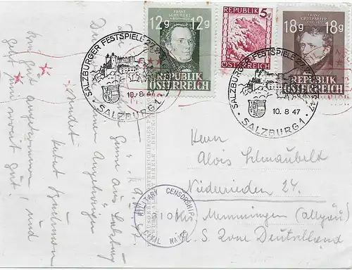 Postkarte Salzburger Festspiele 1947 nach Deutschland mit 2x Zensurstempel