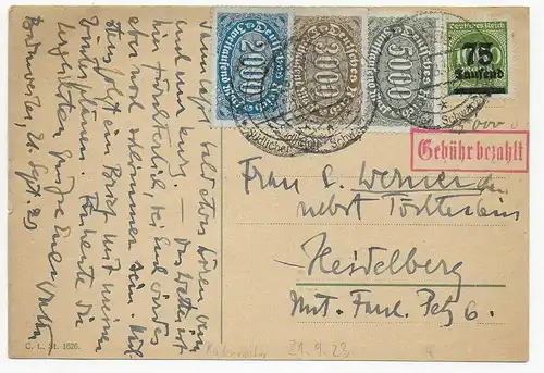 Ganzsache teils Gebühr bezahlt, Badenweiler nach Heidelberg 21.9.1923