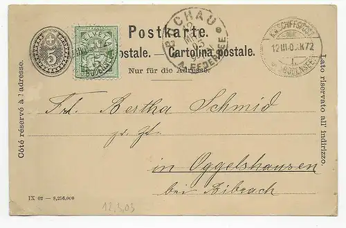 Postkarte K.W. Schiffspost Bodensee Schweiz Nachporto, Buchau 1903, Oggelshausen