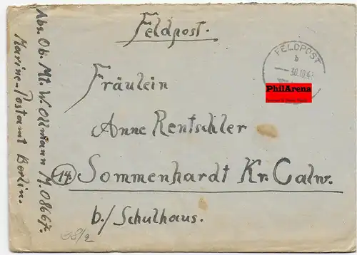 Lettre de poste de la Marine Postamt Berlin, M.08667 vers Sommenhardt/Calw, ZENSUR