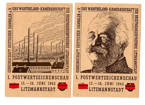 2x Postkarte Litzmannstadt 1942, Postwertzeichenschau