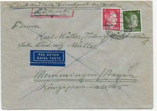 Luftpost: Durch Deutsche Dienstpost Ostland, Riga, nach Memingen 1942