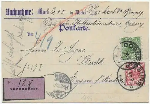 Nachnahme Postkarte Coburg 1899 nach Engen