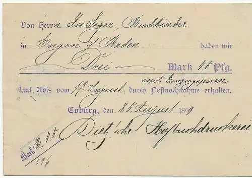 Nachnahme Postkarte Coburg 1899 nach Engen