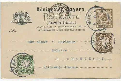 Affaire complète avec carte de réponse Munich vers Chantelle/France 1898
