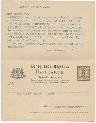Affaire complète avec carte de réponse Munich vers Chantelle/France 1898