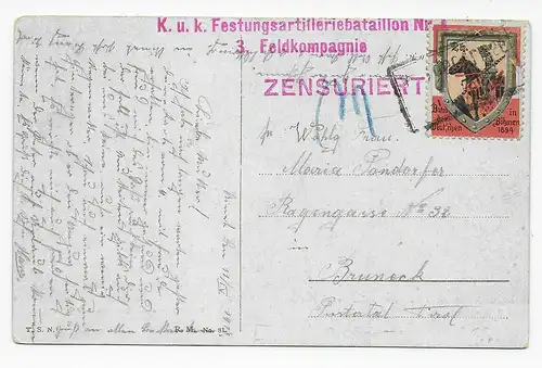 K.u.K. Festungsartilleriebataillon 1918 mit Vignete nach Bruneck, Zensur