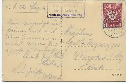 Ansichtskarte Grünten 1922 Posthilfstelle Grüntenhaus, Taxe Burgberg