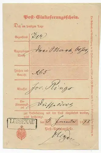 Post-Einlieferungsschein Lübbenau/Spreewald 1875