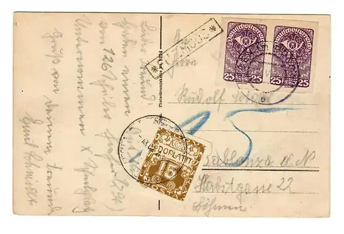 Carte postale Feutresmoos avec cachet de bureau de poste et frais supplémentaires tchèques