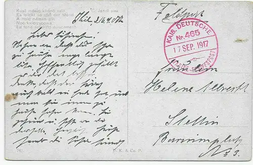 Kaiserlich dt. Marine Schiffspost Nr. 465 - Eskimo- 1917 nach Stettin, Feldpost
