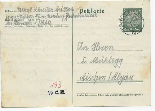 Ganzsche Tunschendorf/Schlesien bei Steinrode nach Fischen 1935