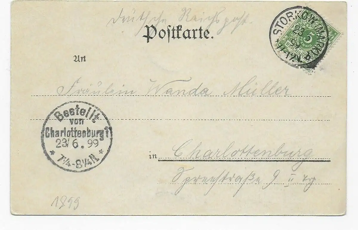 Carte de vue Gruss de Storkew/Brandebourg, 1899 vers Charlottenburg