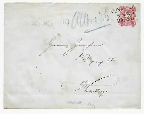 Brief -Ganzsache- aus Konstanz nach Heidelberg mit Zug Albstadt, 1876