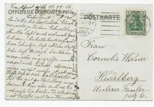 Nationaler Frauendienst, Frankfurt 1914, Postkarte Frankfurt nach Heidelberg