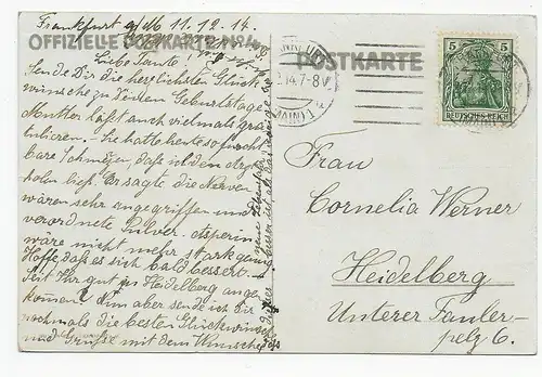 Service National des Femmes, Francfort 1914, carte postale Francfort vers Heidelberg