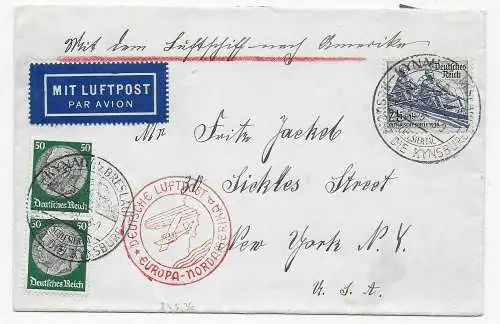 LuftpostKynau/Breslau 1938 nach New York, Luftschiff-Stempel und Lufthansa Flug