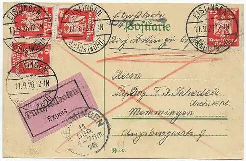 Eilbotenkarte von Eislingen 1926 nach Memmingen, MeF