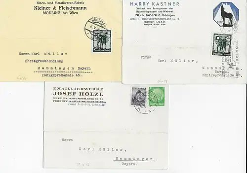 3x Bedarfsbelege Mödling/Wien 1938 nach Memmingen