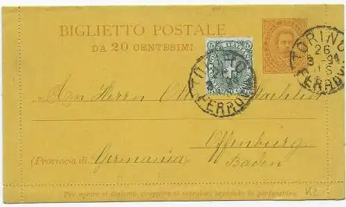 Ganzsache von Torino 1894 nach Offenburg