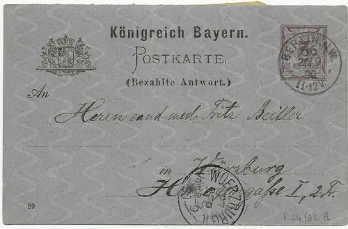 Affaire entière P36/02A, Berlin 1890 à Würzburg, carte de réponse avec colle