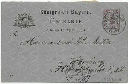 Ganzsache P36/02A, Berlin 1890 nach Würzburg, Antwortkarte mit Kleber