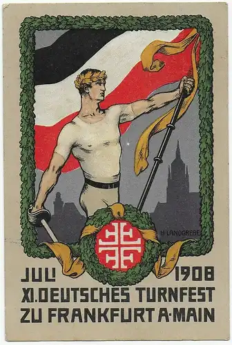 11. Deutsches Turnfest 1908 in Frankfurt/M, Postkarte nach Weiler, Sonderstempel