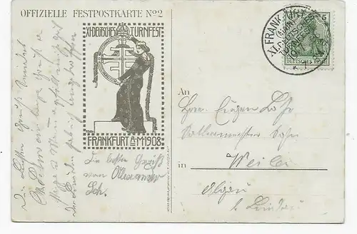 11. Deutsches Turnfest 1908 in Frankfurt/M, Postkarte nach Weiler, Sonderstempel