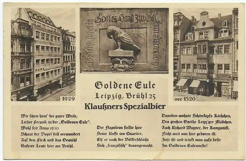 Ansichtskarte Gaststätte Goldene Eule, 1929 Leipzig