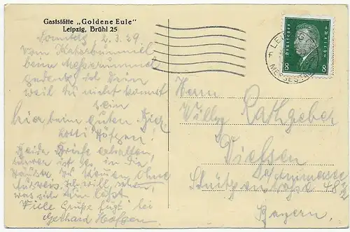 Carte de visite Gastät Goldene Eule, 1929 Leipzig