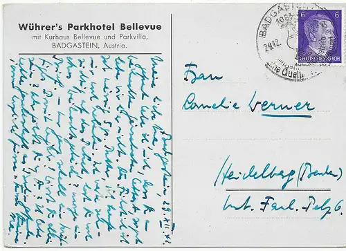 Hotelkarte Parkhotel BadGastein mit Sonderstempel, 1942 nach Heidelberg